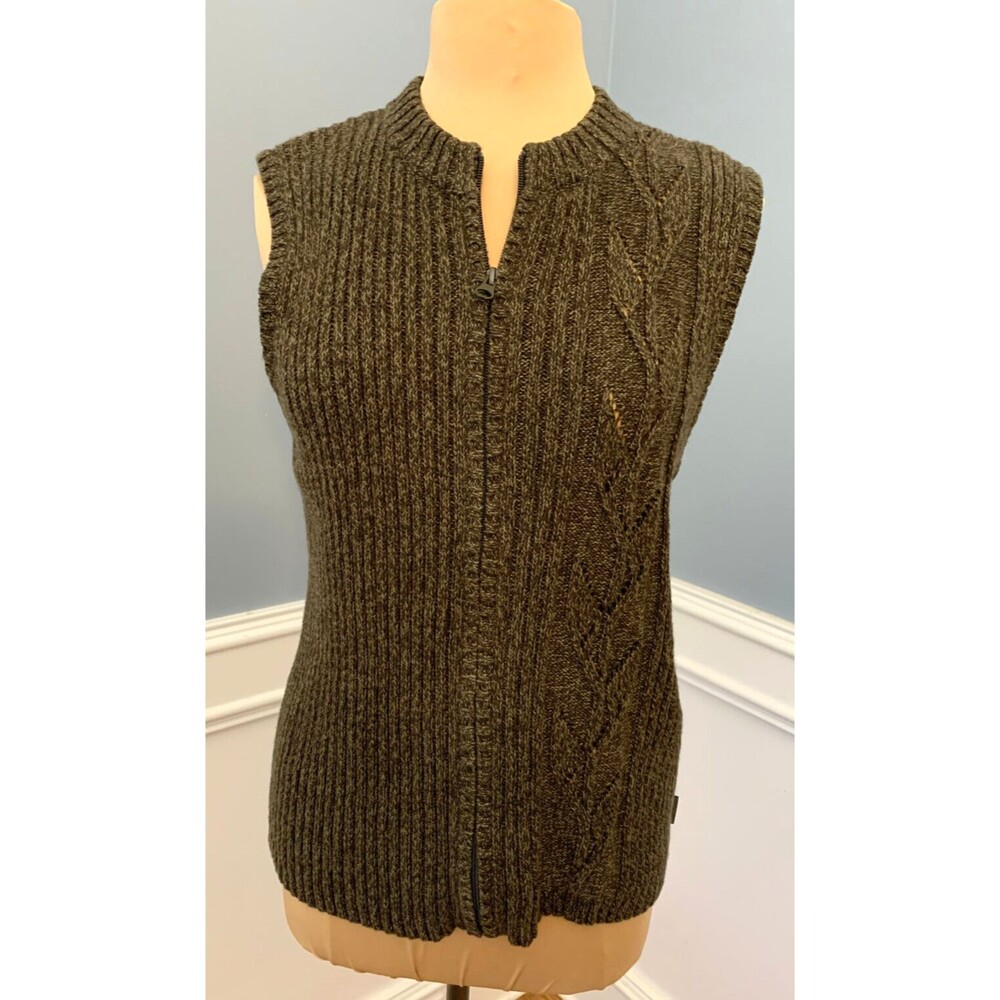 Woolrich Sweater Womens L Cable Chunky Cardigan Vest Dark Loden Knit Zip-Up